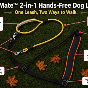Puede incluir: Correa para perro manos libres 2 en 1 TrailMate: Una correa, dos formas de caminar. Incluye una correa de cuerda de escalada amarilla con cubierta de PVC, clips giratorios de acero inoxidable y una correa de arn&eacute;s negra con hombrera acolchada.