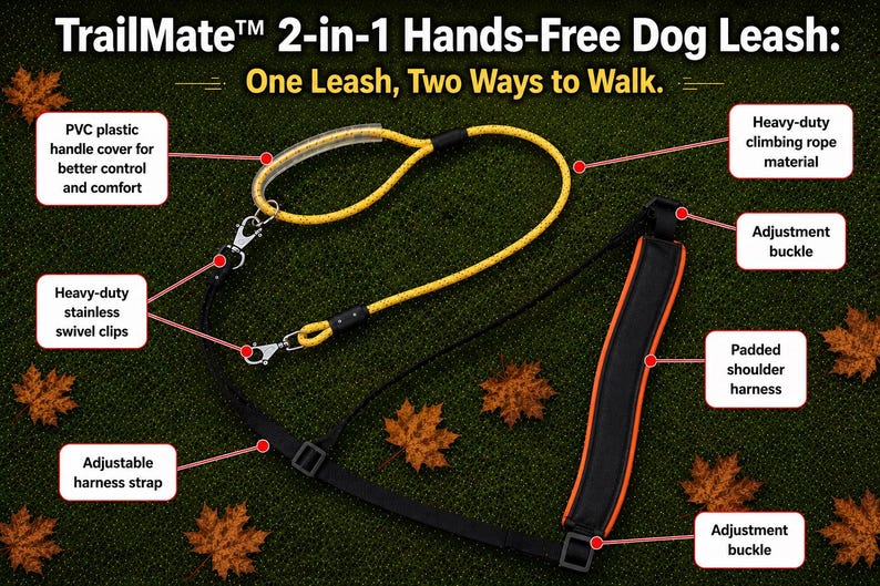 Puede incluir: Correa para perro manos libres 2 en 1 TrailMate: Una correa, dos formas de caminar. Incluye una correa de cuerda de escalada amarilla con cubierta de PVC, clips giratorios de acero inoxidable y una correa de arn&eacute;s negra con hombrera acolchada.