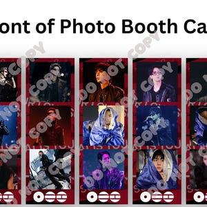 May include: A rectangular photo booth card featuring fifteen individual portrait images of performers in dark clothing, some draped in blue fabric. The background is a deep red with the repeating text DO NOT COPY. The bottom displays white circular icons.