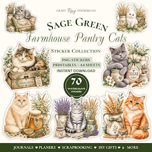 Farmhouse Pantry Cats Digital Stickers, Sage Green Watercolor Cat PNG Sticker Bundle, Printable Junk Journal Scrapbook Planner Clipart Set