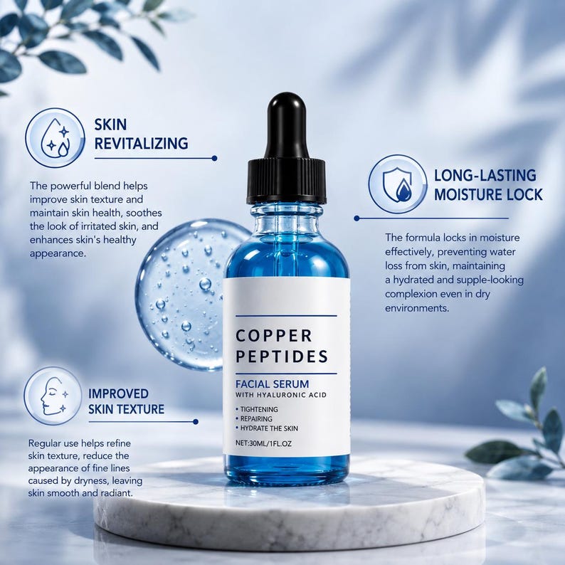 Kopparpeptid hyaluronsyra ansiktsserum, lätt återfuktande daglig hudvård (30 ml) bild 5