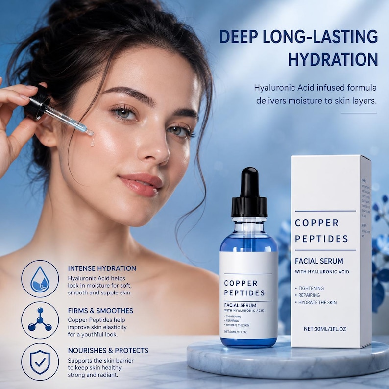 Kopparpeptid hyaluronsyra ansiktsserum, lätt återfuktande daglig hudvård (30 ml) bild 4