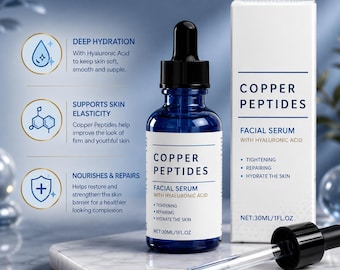 Copper Peptide Hyaluronic Acid Facial Serum, Lightweight Hydrating Daily Skincare (30ml)