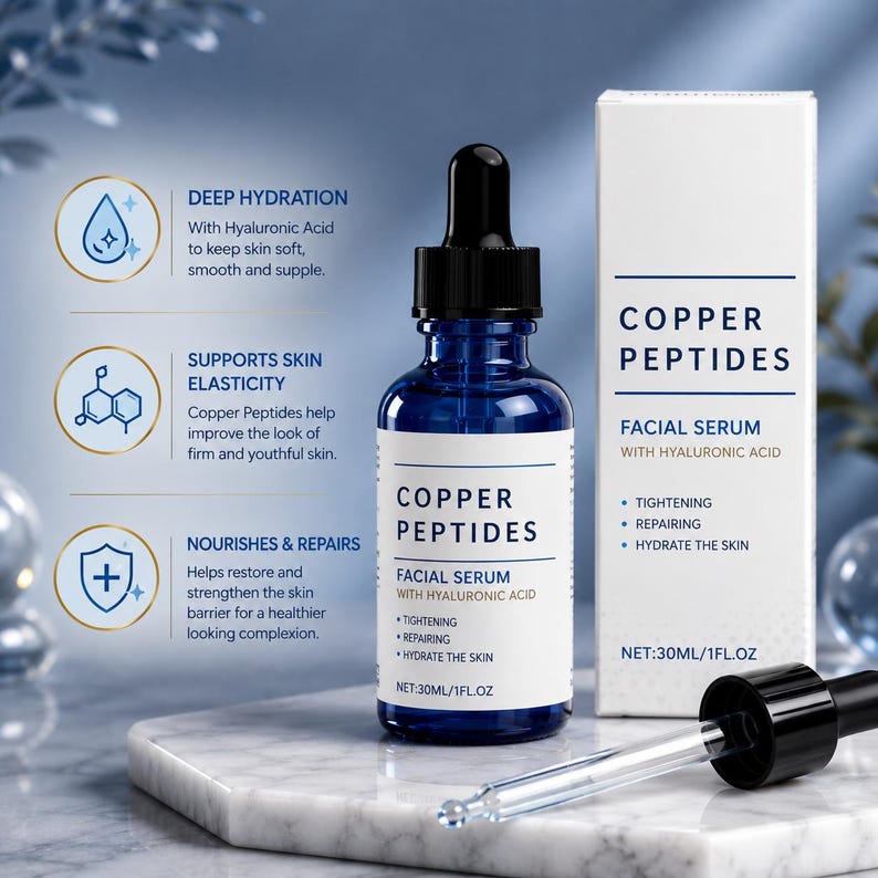 Kopparpeptid hyaluronsyra ansiktsserum, lätt återfuktande daglig hudvård (30 ml) bild 1