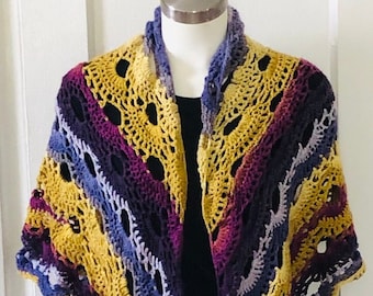 Handmade Vintage Crochet Granny Triangle Shawl Wrap Boho Festival Purple Gold Blue