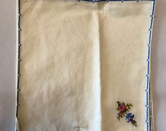 Vintage Cross-Stitch Tea Party Servilletas Floral Azul Trim NOS Set de 6