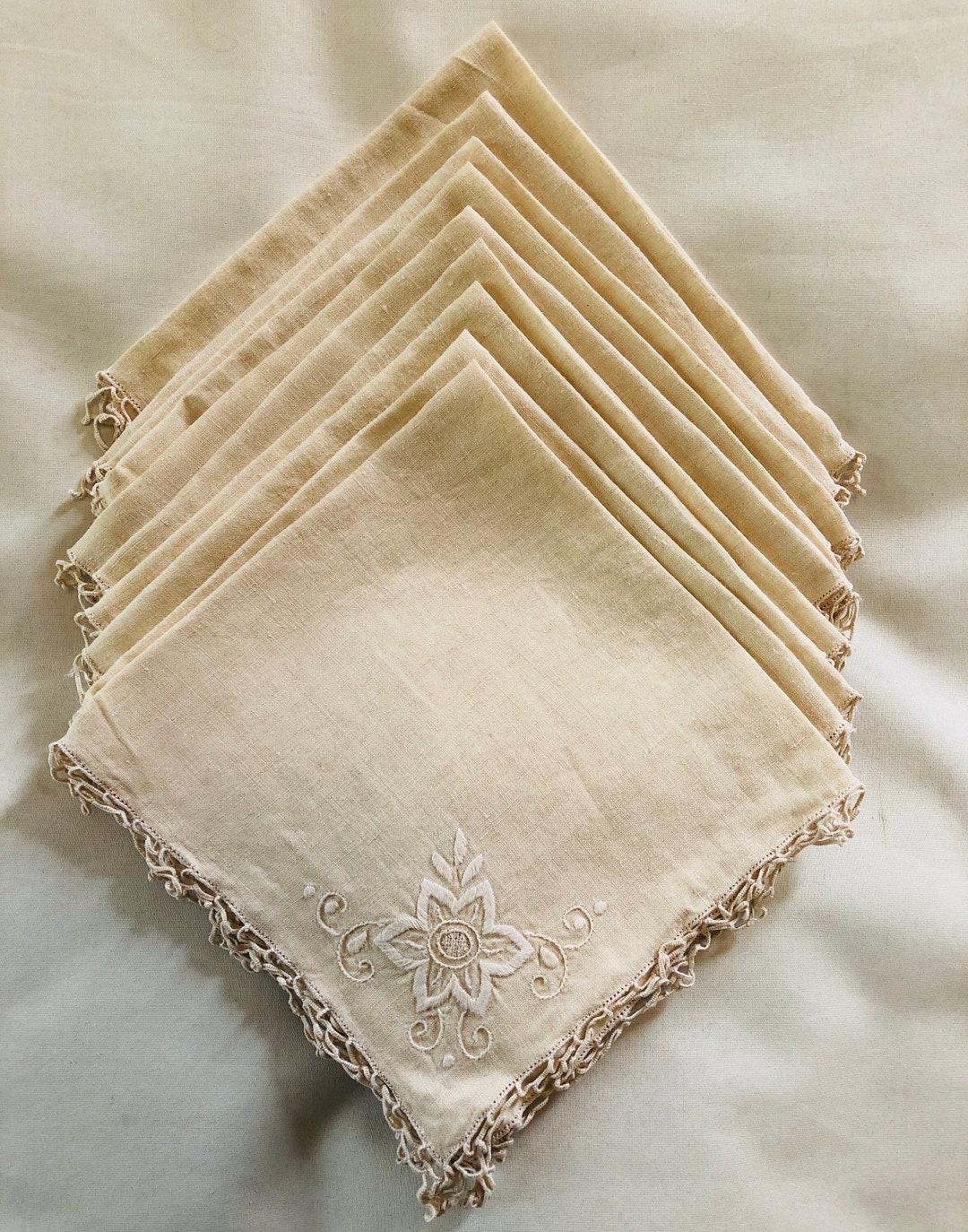 Linen Vintage Beige Embroidered and Tatted Lace Trim Dinner Napkins Set