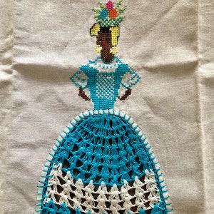 Vintage Embroidered Crocheted Tea Towel Woman with Fruit on Her Head No Tags Tropical