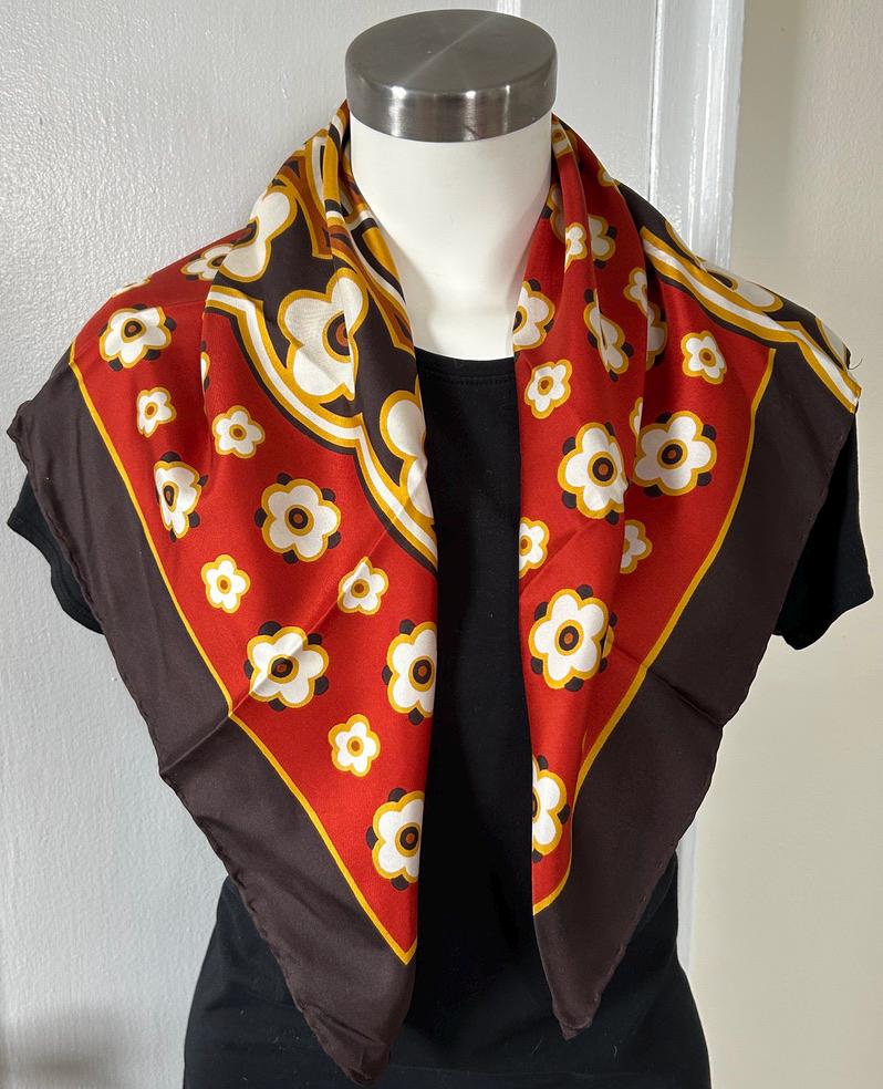 Foulard Carré Vintage Echo En Soie 100% - 50x50 Cm, Motifs Jaune Rouge Bleu - Occasion TB