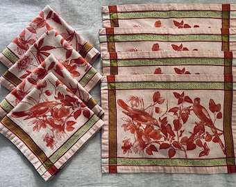 SET of 8 Williams Sonoma Cotton Jacqard Toile 4 Placemats 4 Napkins Red Green Bird Made in Russia