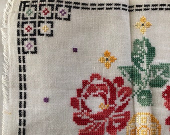Vintage Completed Cross Stitch Florals Retro Unmounted 15 x 13 in Pillow Cover