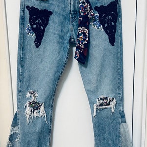 Bell Bottoms Upcycled Repurposed Altered Patched Boho Hippie Flared Blue Jeans Levis Sz 34/30