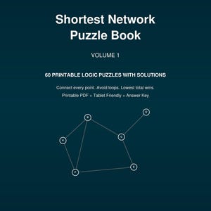 Puede incluir: Una portada de libro de acertijos digital en azul verdoso oscuro titulada Shortest Network Puzzle Book Volume 1 de Routes & Keepsakes. Incluye 60 acertijos lógicos imprimibles con soluciones, instrucciones para conectar puntos y un diagrama con puntos de la A a la F.