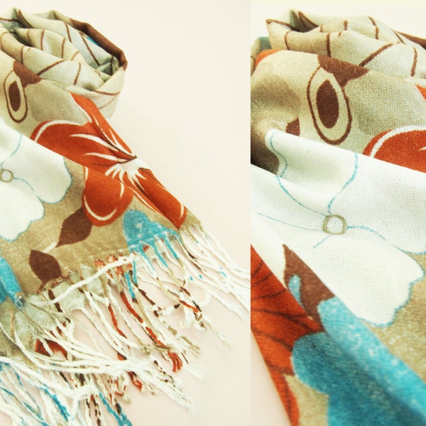 Gorgeous Beautiful Floral on Brown Pashmina Scarf / Shawl