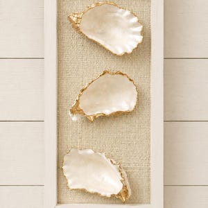 Beach House Wall Art Oyster Shell Shadow Box Art with Gold  Coastal Wall Hanging Framed Oyster Shell Decor with Grasscloth Coastal Gift