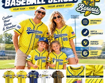 Custom Banana Baseball Jersey, Personalized Name Number Toddler Bananas Shirt, Funny Yellow Team Uniform Gift for Boys Girls