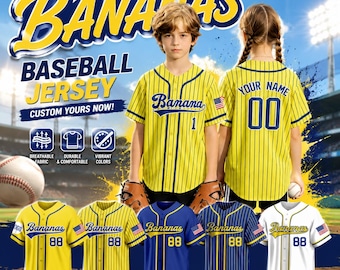 Custom Banana Baseball Jersey, Personalized Name Number Toddler Bananas Shirt, Funny Yellow Team Uniform Gift for Boys Girls