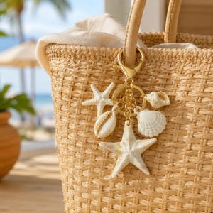 May include: A woven straw tote bag with a gold-colored keychain featuring white starfish and seashell charms. The bag has a light tan handle and is partially filled with a cream-colored fabric. The background shows a beach scene.