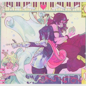 May include: A colorful illustration featuring three characters in a dynamic pose. One character wears silver armor and points forward, another has long purple hair and holds a green apple, and a third has light hair and a white robe.
