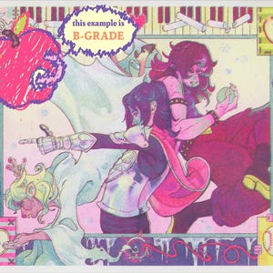 May include: A colorful illustration featuring three characters in a dynamic pose, with a prominent pink apple graphic and the text this example is B-GRADE. The border includes a pencil, a baseball, and apple motifs in a vibrant, multi-layered art style.