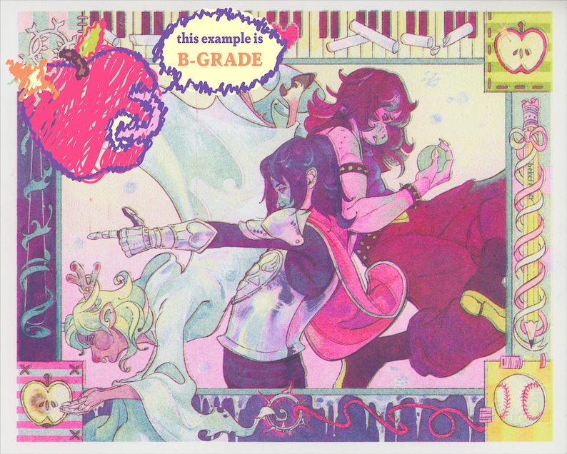 May include: A colorful illustration featuring three characters in a dynamic pose, with a prominent pink apple graphic and the text this example is B-GRADE. The border includes a pencil, a baseball, and apple motifs in a vibrant, multi-layered art style.