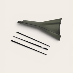 May include: A dark olive green plastic funnel with a wide opening and a narrow spout, accompanied by three thin black sticks. One of the sticks features the white text "RAW" printed clearly on its surface, indicating the brand name.