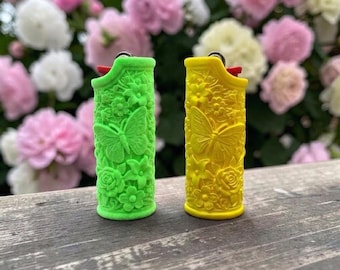 Butterfly Floral Lighter Sleeve 2-Pack - Black and White, Red & Blue, Neon Yellow - Textured Protective Lighter Case, Ergonomic Fit