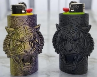 Tiger Lighter Case 2-Pack Set | 3D Printed Lighter Sleeve Bundle | Roaring Tiger Bic Lighter Cover | Gothic Steampunk Smoking Accessory Gift