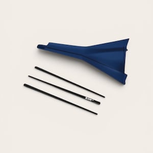 May include: A dark blue funnel positioned above three thin black sticks. One of the sticks features the white text "RAW" printed on its surface. The items are arranged separately against a plain, light-coloured background.