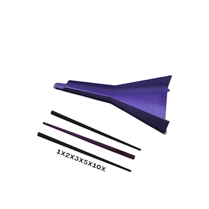 May include: A purple funnel-shaped tool accompanied by three thin, straight rods in black and purple. The rods are labelled with the text 1X2X3X5X10X. The funnel features a wide opening that tapers into a narrow, elongated spout, designed for precise pouring or transferring of small items.