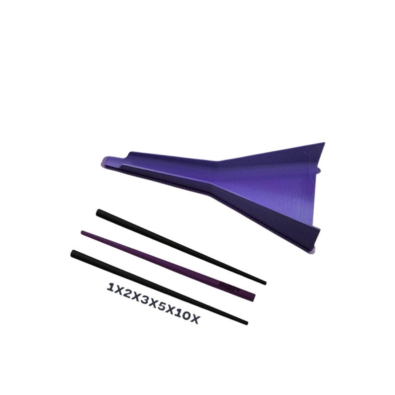 May include: A purple funnel-shaped tool accompanied by three thin, straight rods in black and purple. The rods are labelled with the text 1X2X3X5X10X. The funnel features a wide opening that tapers into a narrow, elongated spout, designed for precise pouring or transferring of small items.