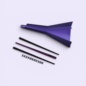 May include: A purple funnel-shaped tool accompanied by two thin, straight rods, one black and one purple, and a set of black plastic letters and numbers arranged in a row that read 1X2X3X5X10X, all presented against a plain, light-coloured background.