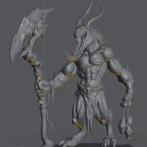 May include: A gray 3D digital model of a horned, muscular humanoid creature with a wide, toothy maw. The figure holds a large, jagged axe in one hand and carries small, dangling objects in the other. It wears a loincloth featuring a skull emblem.
