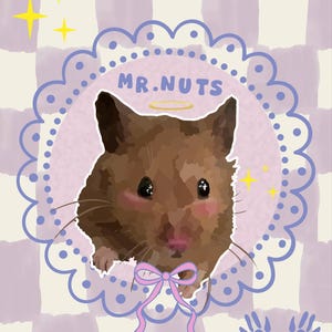 May include: An illustration of a brown hamster with the text "MR.NUTS" inside a pink and blue scalloped frame. The hamster has rosy cheeks, a halo, and a pink bow. The background is a checkered pattern in shades of purple and white.