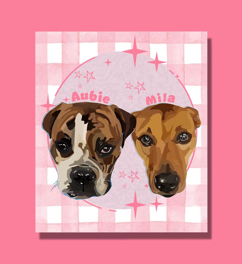 May include: A digital illustration of two dogs, one brown and white, the other brown, set against a pink gingham background. The names "Aubie" and "Mila" are written above the dogs in pink script, surrounded by stars.