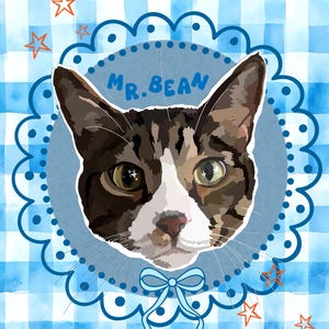 May include: A watercolor portrait of a cat named "Mr. Bean" against a blue and white gingham background. The cat has brown and white fur and green eyes. The portrait is framed by a blue scalloped border with a bow and stars.
