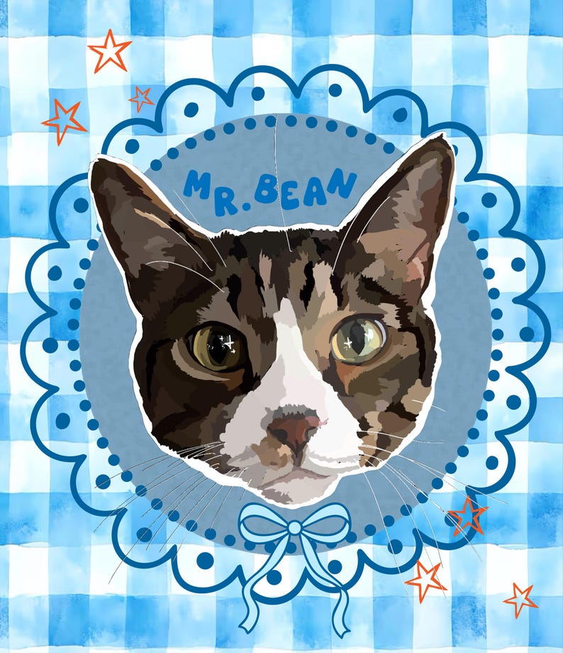 May include: A watercolor portrait of a cat named "Mr. Bean" against a blue and white gingham background. The cat has brown and white fur and green eyes. The portrait is framed by a blue scalloped border with a bow and stars.