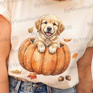 Puede incluir: Una camiseta de manga corta color crema con una ilustración gráfica de un cachorro de golden retriever sentado dentro de una calabaza naranja grande. El diseño incluye hojas de otoño dispersas y dos pequeñas bellotas marrones.