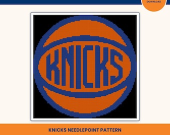 Może przedstawiać: Cyfrowy wzór do haftu przedstawiający grafikę pikselową piłki do koszykówki w kolorze pomarańczowym i niebieskim. Słowo KNICKS jest wyśrodkowane niebieskimi literami blokowymi wewnątrz wzoru piłki. Obraz zawiera tekst TAYLOR & KOB! NEEDLEPOINT PATTERN CO.