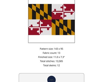Może przedstawiać: Wzór do haftu krzyżykowego przedstawiający flagę stanu Maryland w kolorach czarnym, złotym, czerwonym i białym. Tekst zawiera Maryland, Pattern size: 143 x 95, Fabric count: 13, Finished size: 27,9 x 18,5 cm, Total stitches: 13 585 i Total skeins: 12.