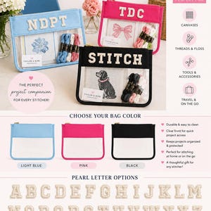 May include: Three rectangular project bags in light blue, pink, and black, each featuring a clear front panel and a gold zipper. The bags are customized with white pearl-embellished letters spelling NDPT, TDC, and STITCH, containing needlepoint supplies.
