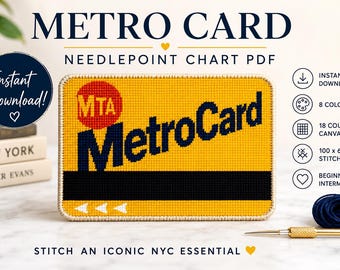 Może przedstawiać: Wzór do haftu na kanwie w formacie PDF z żółto-czarno-czerwonym motywem karty MTA MetroCard. Tekst zawiera napisy METRO CARD NEEDLEPOINT CHART PDF, INSTANT DOWNLOAD, 8 COLORS, 18 COUNT CANVAS, 100 x 69 STITCHES, BEGINNER TO INTERMEDIATE oraz STITCH AN ICONIC NYC ESSENTIAL.