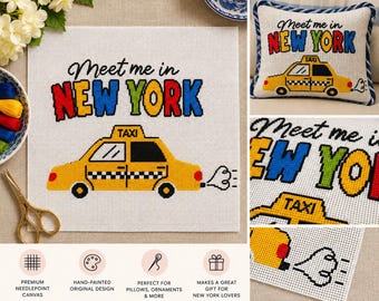 Może przedstawiać: Białe płótno do haftu z napisem Meet me in NEW YORK w kolorze czarnym, czerwonym, zielonym i niebieskim oraz grafiką żółtej taksówki poniżej. Wzór zawiera małą chmurę spalin i szachownicę na boku pojazdu.
