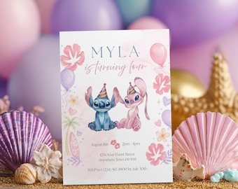 May include: A rectangular birthday invitation card featuring a blue and a pink alien character wearing party hats. The text reads MYLA is turning four, August 8th, 2pm-4pm, 1234 Your Event Street, Anywhere Town 1A1 9A9, RSVP to 1 (234) 567 8900 by July 30th.