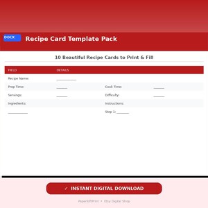 Puede incluir: Un paquete de plantillas de tarjetas de recetas digitales con un diseño rojo y blanco. La plantilla incluye campos para el nombre de la receta, el tiempo de preparación, el tiempo de cocción y los ingredientes. Se muestra el texto "10 Beautiful Recipe Cards to Print & Fill".