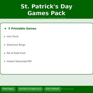 Könnte beinhalten: Ein digitales St. Patrick's Day Spielepaket mit "5 druckbaren Spielen", darunter Irish Trivia, Shamrock Bingo und Pot of Gold Hunt. Als sofortiger PDF-Download verfügbar.