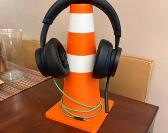 Soporte para auriculares con forma de cono de tráfico naranja: organizador de escritorio para jugadores y streamers.