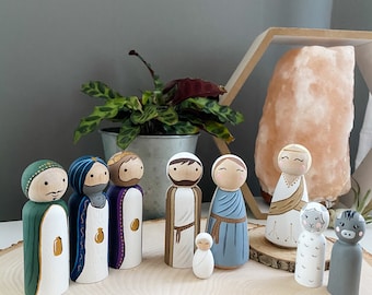 Wooden Nativity Scene Hand-painted Peg Dolls Neutral Colors