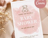Blush Teddy Bear Invitation Template | Editable Canva Baby Invite | Minimal Watercolor Design | Instant Download
