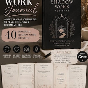 Könnte beinhalten: Ein schwarzes Shadow Work Journal mit dem Titel in dekorativer Schrift. Das Journal enthält 40 Prompts, Bonusinhalte und ist als druckbares PDF erhältlich. Das Thema des Journals ist Selbstheilung und persönliches Wachstum.